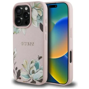 Guess Grained Printed Flower Pattern MagSafe Case for iPhone 16 Pro Pinkeng