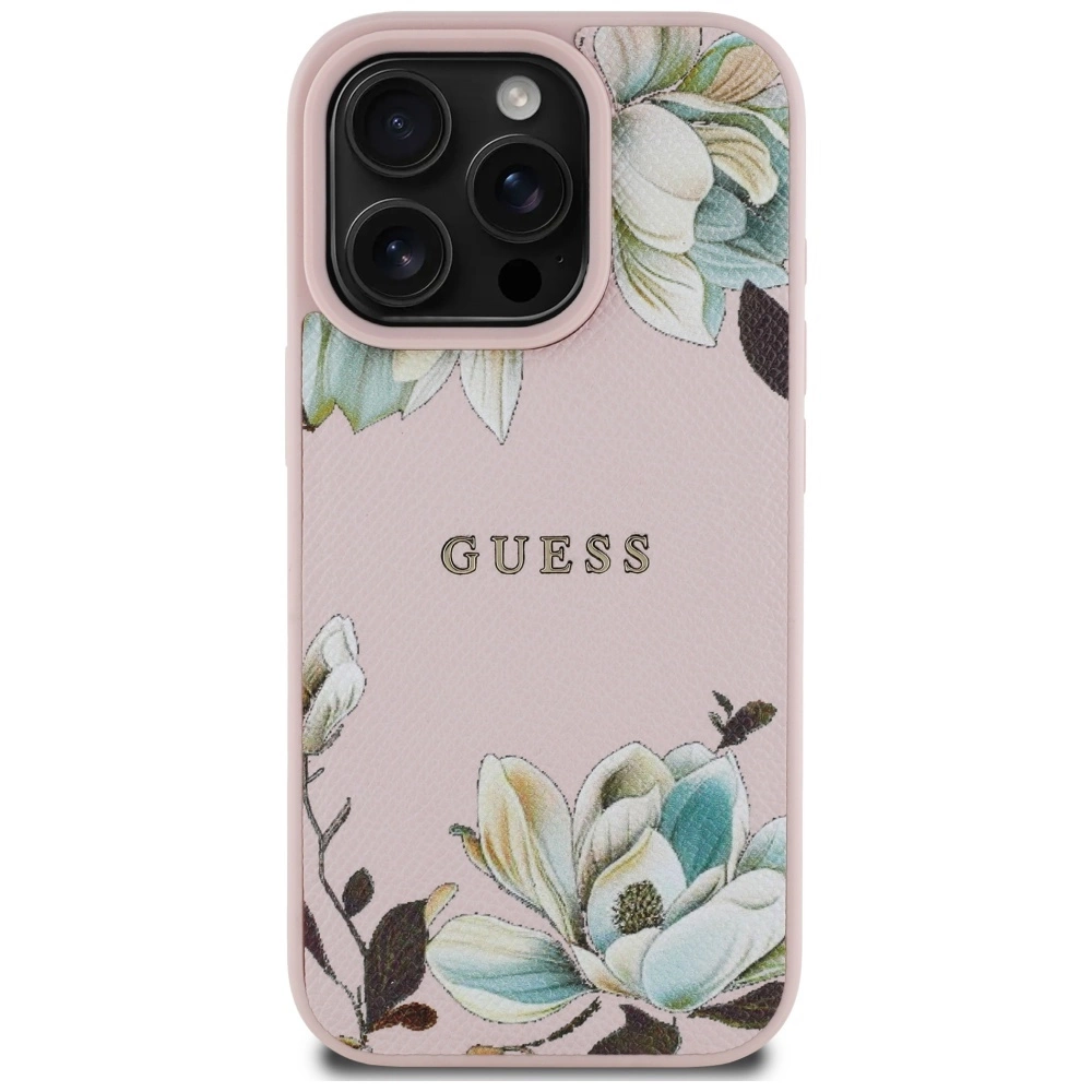 Guess Grained Printed Flower Pattern MagSafe Case for iPhone 16 Pro Pinkeng