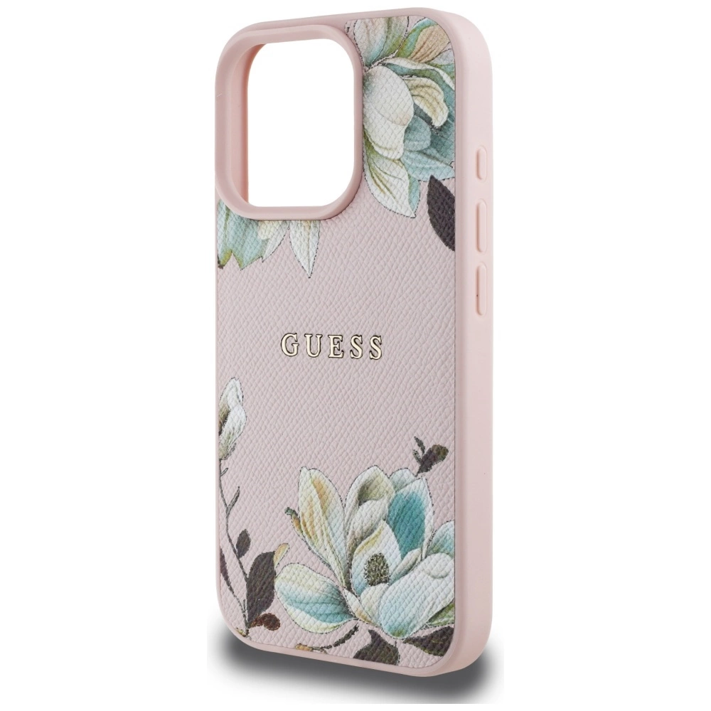 Guess Grained Printed Flower Pattern MagSafe Case for iPhone 16 Pro Pinkeng