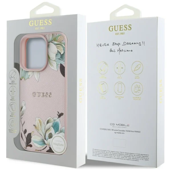 Guess Grained Printed Flower Pattern MagSafe Case for iPhone 16 Pro Pinkeng