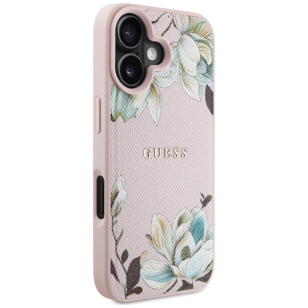 Guess Grained Printed Flower Pattern MagSafe iPhone 16 Case Pinkeng