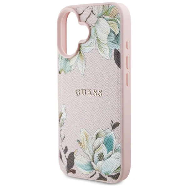 Guess Grained Printed Flower Pattern MagSafe iPhone 16 Case Pinkeng
