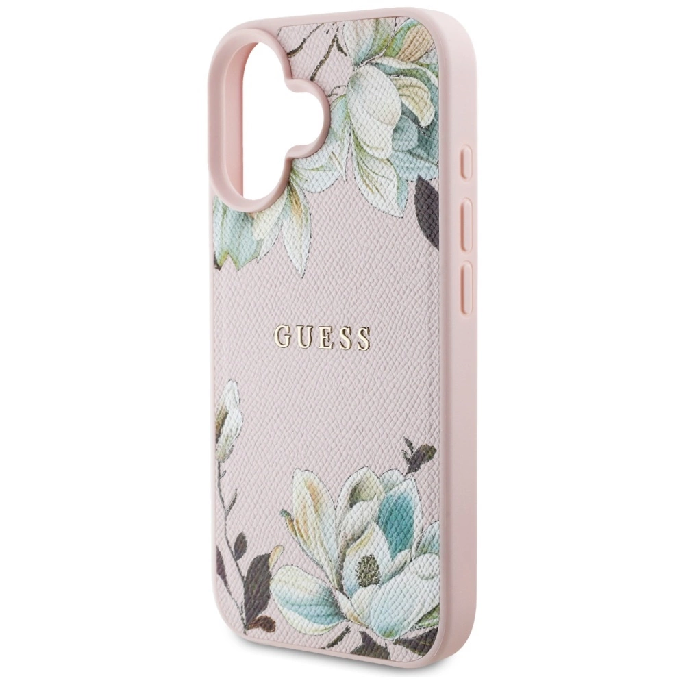 Guess Grained Printed Flower Pattern MagSafe iPhone 16 Case Pinkeng