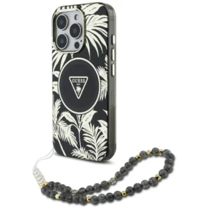 Guess Palm Trees Triangle Pearl Strap MagSafe case for iPhone 16 Pro blackeng