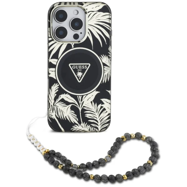 Guess Palm Trees Triangle Pearl Strap MagSafe case for iPhone 16 Pro blackeng