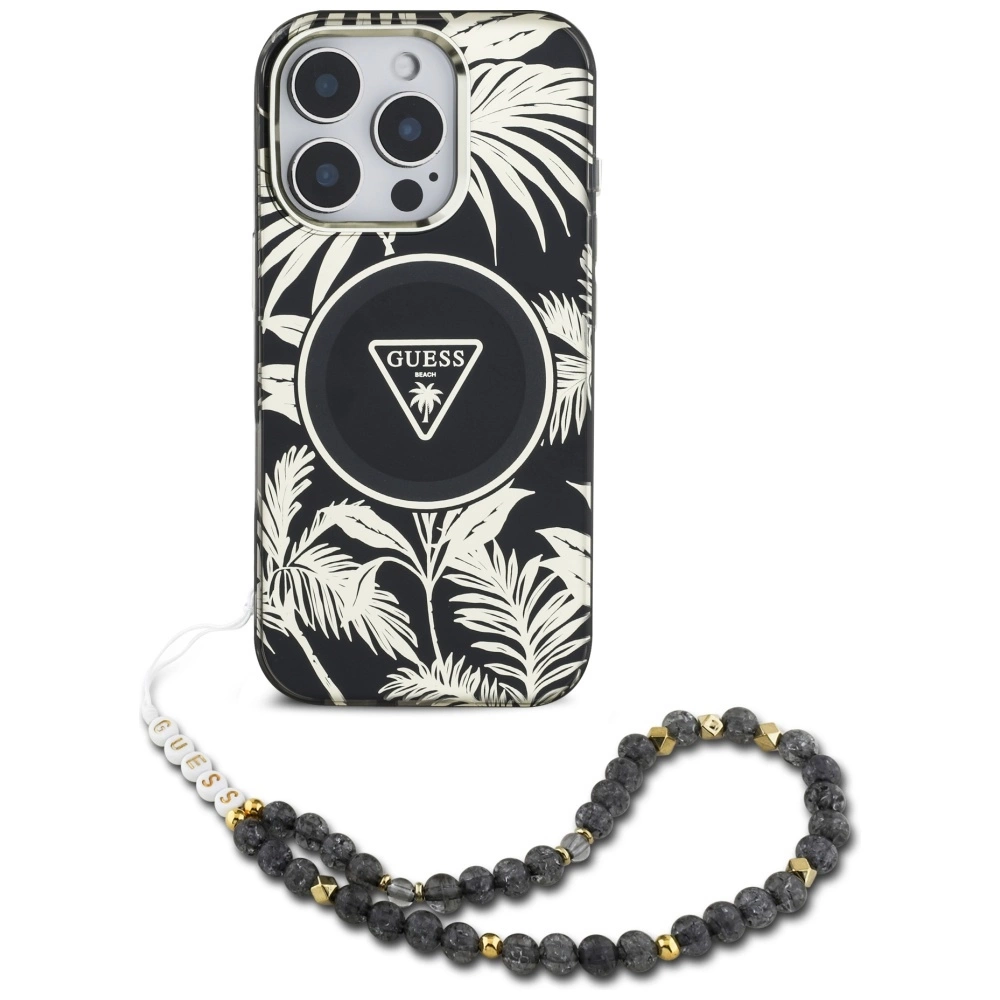 Guess Palm Trees Triangle Pearl Strap MagSafe case for iPhone 16 Pro blackeng