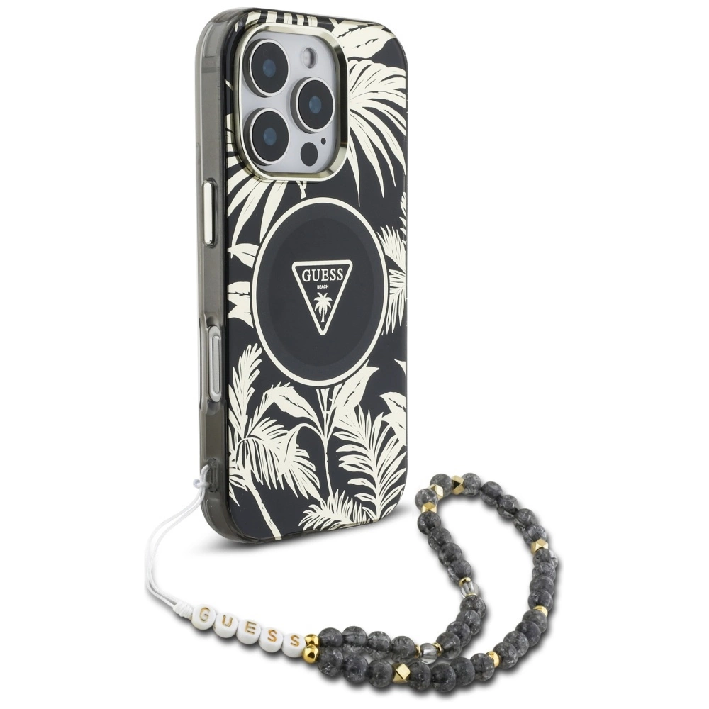 Guess Palm Trees Triangle Pearl Strap MagSafe case for iPhone 16 Pro blackeng