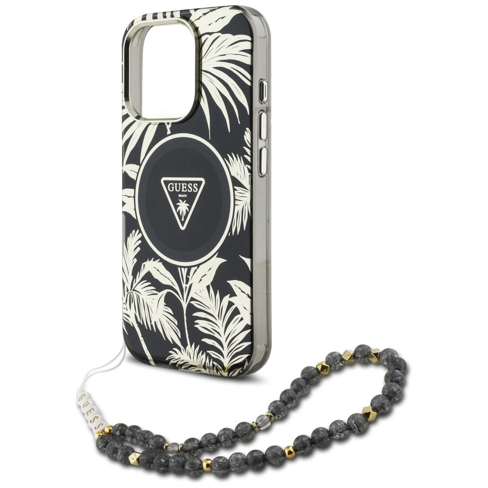 Guess Palm Trees Triangle Pearl Strap MagSafe case for iPhone 16 Pro blackeng