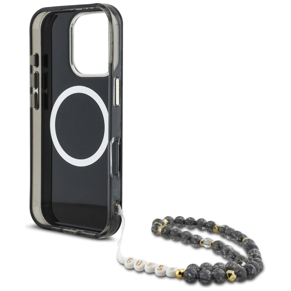 Guess Palm Trees Triangle Pearl Strap MagSafe case for iPhone 16 Pro blackeng