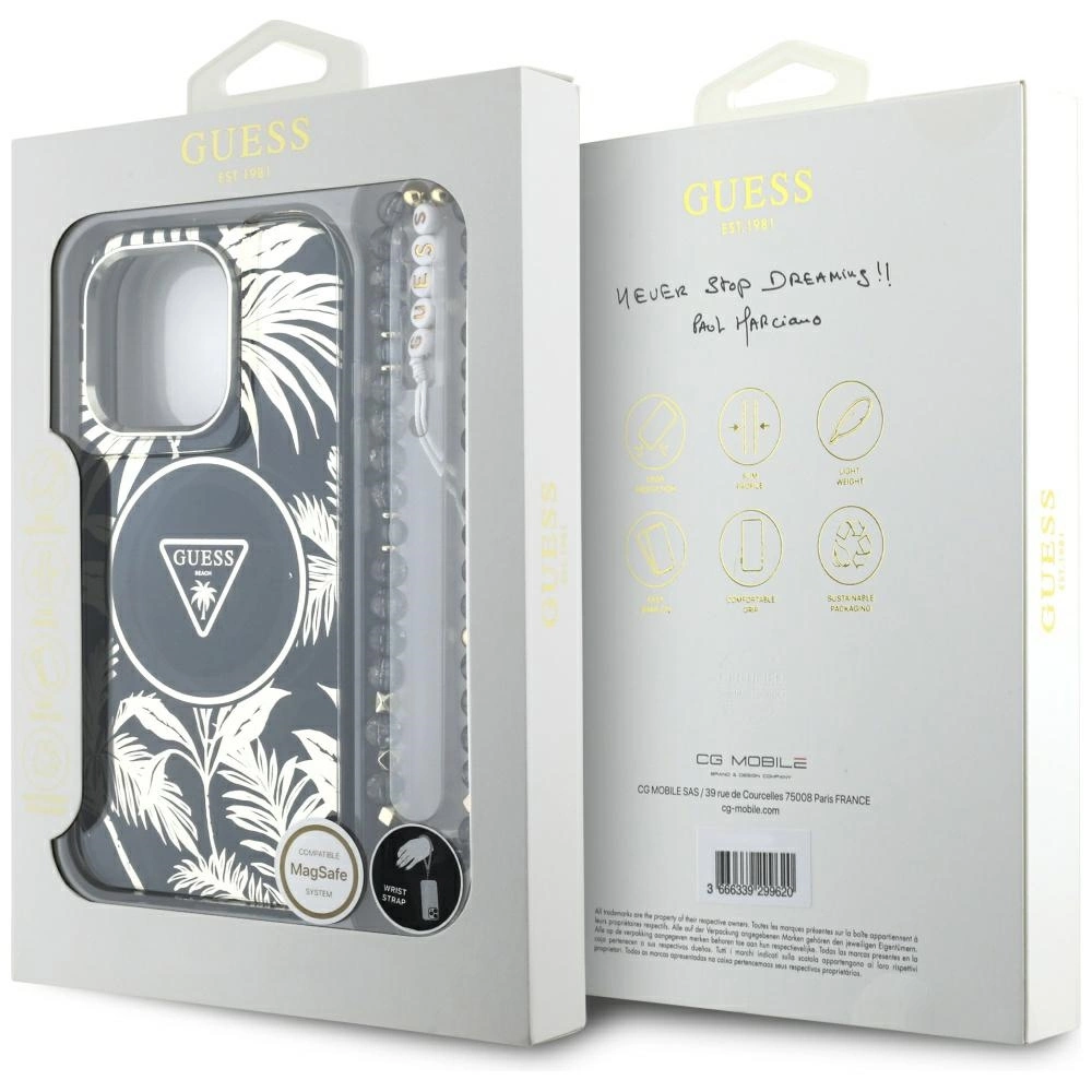 Guess Palm Trees Triangle Pearl Strap MagSafe case for iPhone 16 Pro blackeng