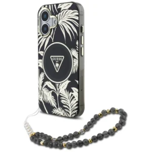 Guess Palm Trees Triangle Pearl Strap MagSafe case for iPhone 16 blackeng