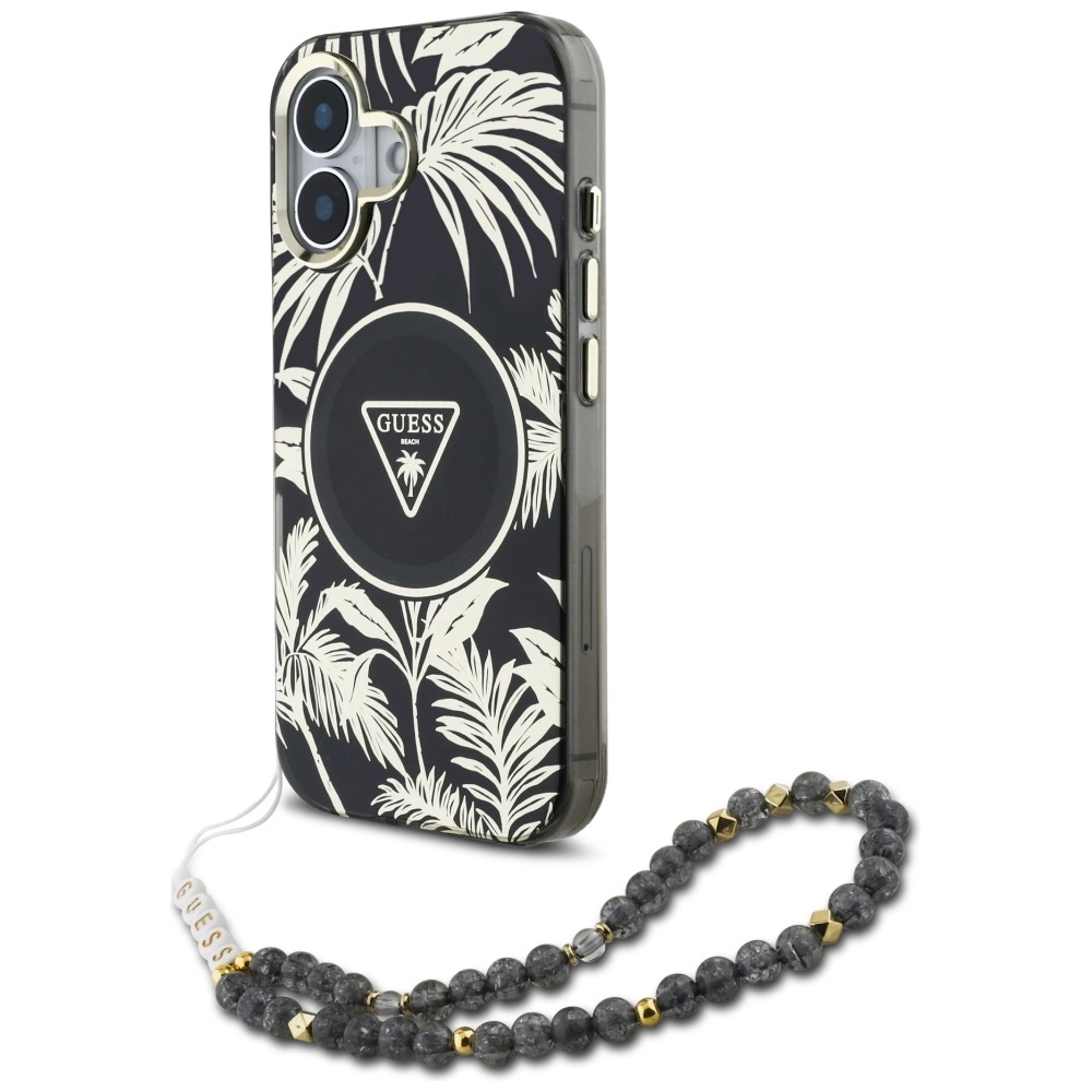 Guess Palm Trees Triangle Pearl Strap MagSafe case for iPhone 16 blackeng
