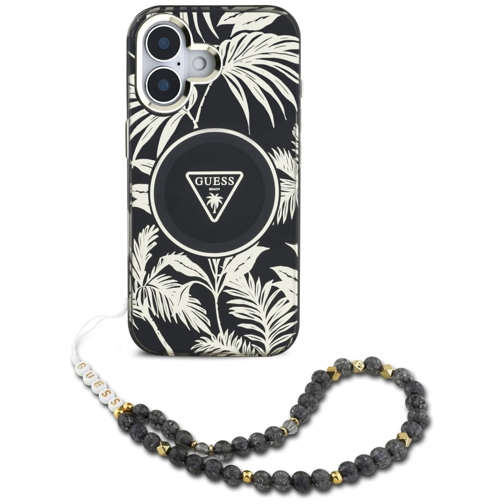 Guess Palm Trees Triangle Pearl Strap MagSafe case for iPhone 16 blackeng