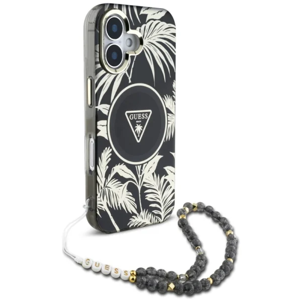 Guess Palm Trees Triangle Pearl Strap MagSafe case for iPhone 16 blackeng