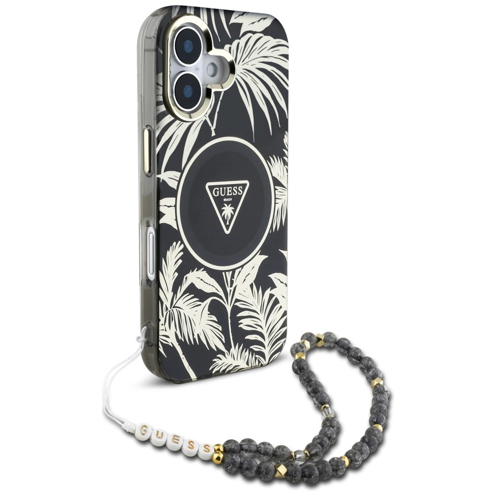 Guess Palm Trees Triangle Pearl Strap MagSafe case for iPhone 16 blackeng