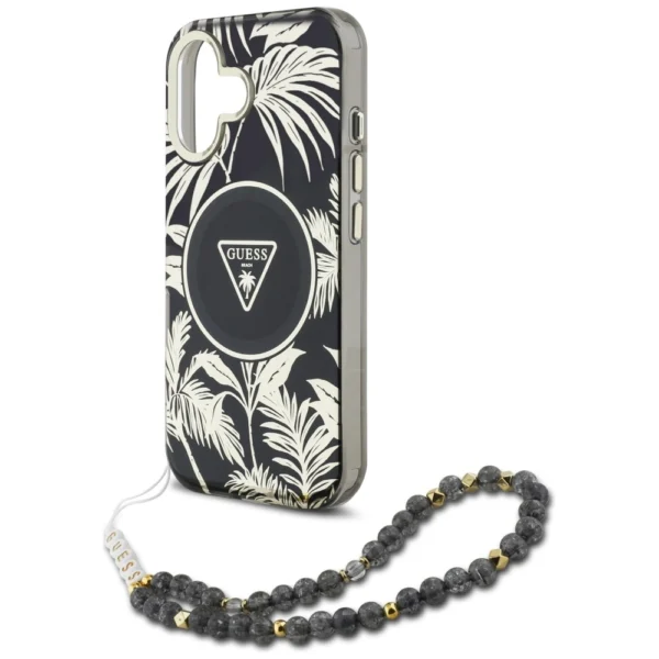 Guess Palm Trees Triangle Pearl Strap MagSafe case for iPhone 16 blackeng