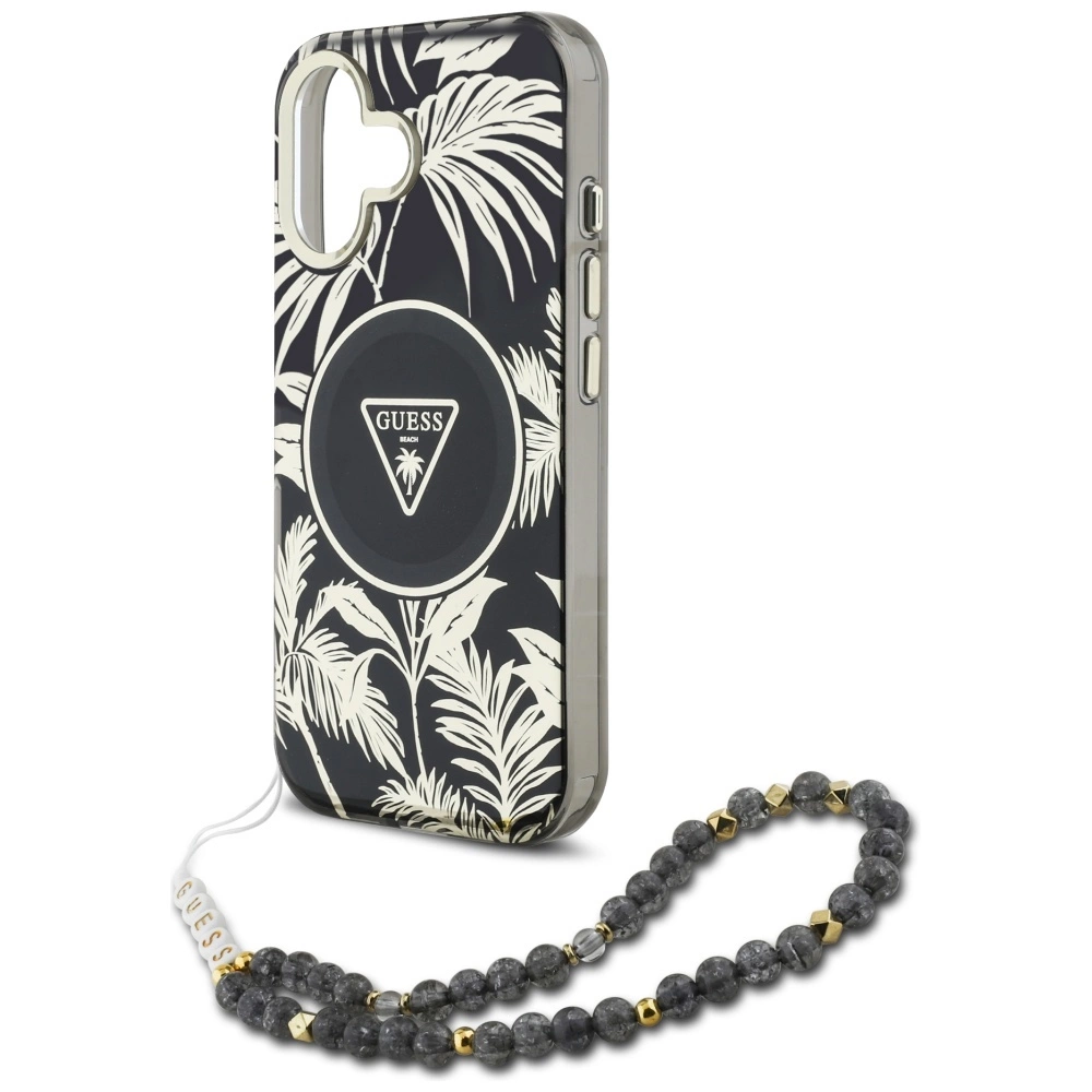 Guess Palm Trees Triangle Pearl Strap MagSafe case for iPhone 16 blackeng