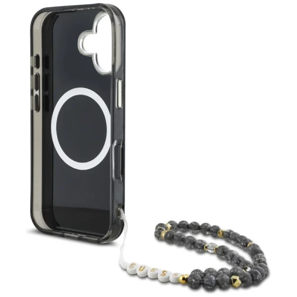 Guess Palm Trees Triangle Pearl Strap MagSafe case for iPhone 16 blackeng