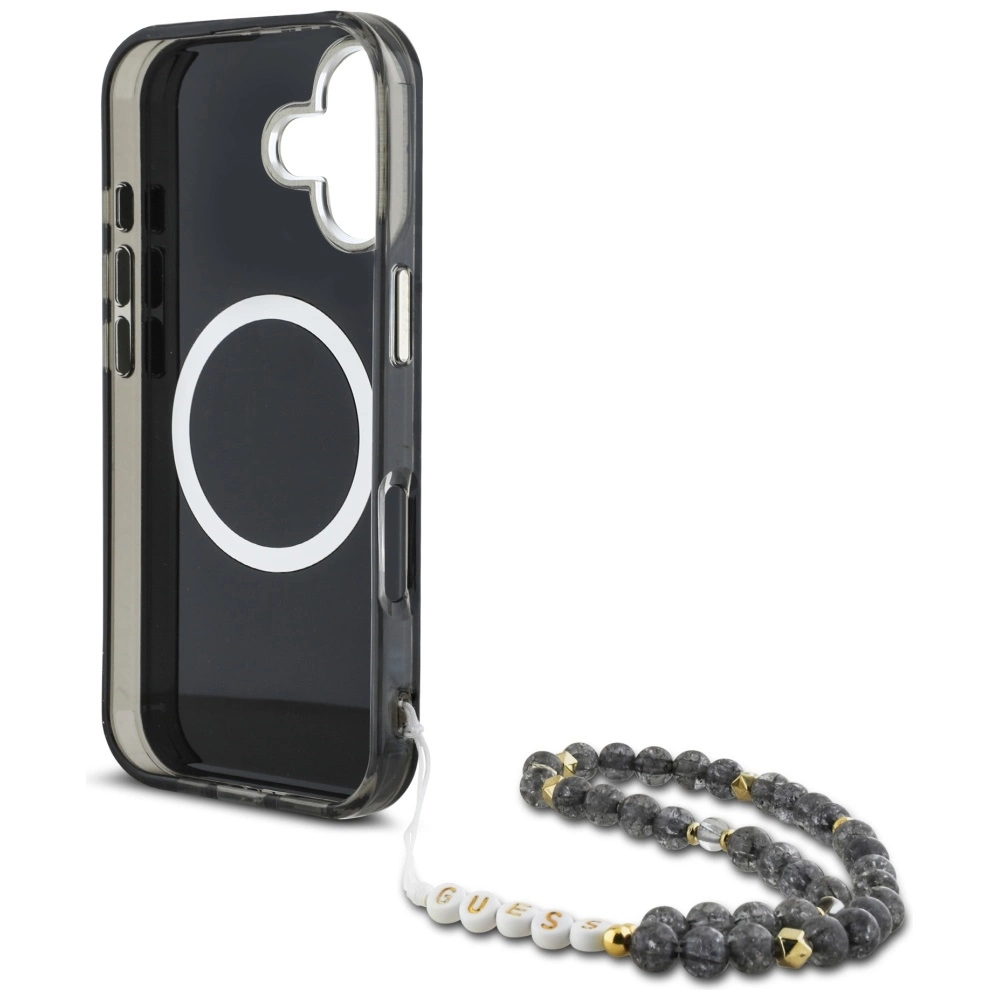 Guess Palm Trees Triangle Pearl Strap MagSafe case for iPhone 16 blackeng