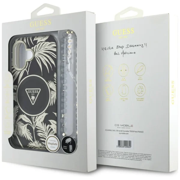 Guess Palm Trees Triangle Pearl Strap MagSafe case for iPhone 16 blackeng