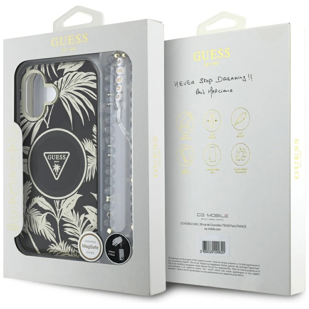 Guess Palm Trees Triangle Pearl Strap MagSafe case for iPhone 16 blackeng