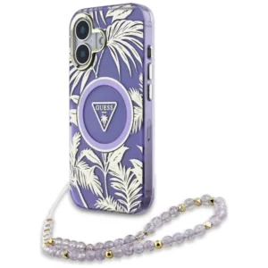 Guess Palm Trees Triangle Pearl Strap MagSafe case for iPhone 16 purpleeng
