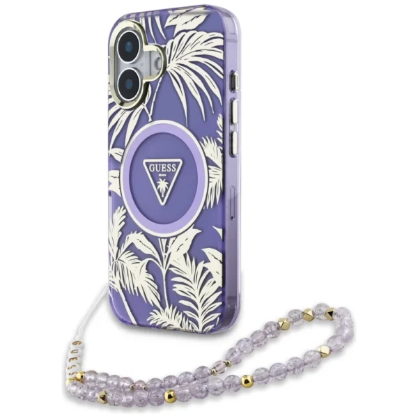 Guess Palm Trees Triangle Pearl Strap MagSafe case for iPhone 16 purpleeng