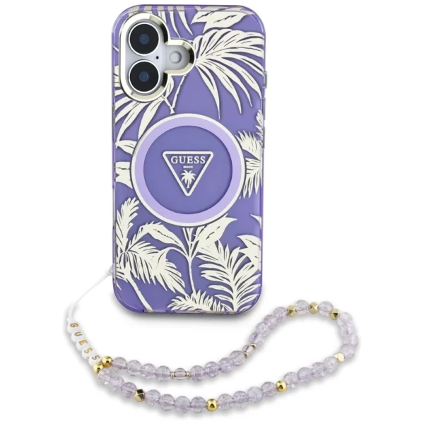 Guess Palm Trees Triangle Pearl Strap MagSafe case for iPhone 16 purpleeng