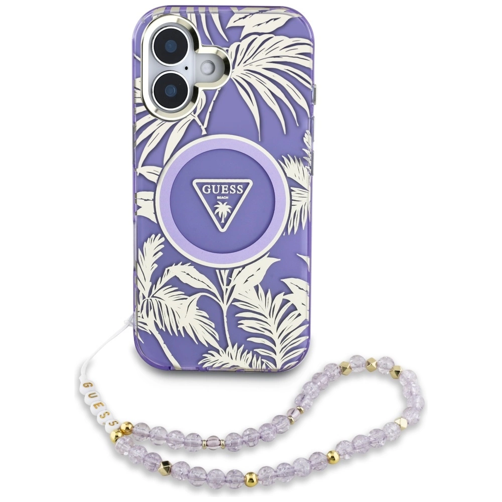 Guess Palm Trees Triangle Pearl Strap MagSafe case for iPhone 16 purpleeng