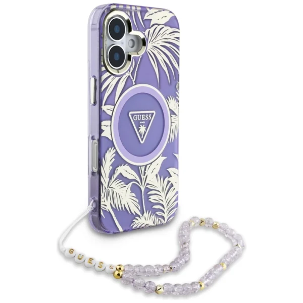 Guess Palm Trees Triangle Pearl Strap MagSafe case for iPhone 16 purpleeng