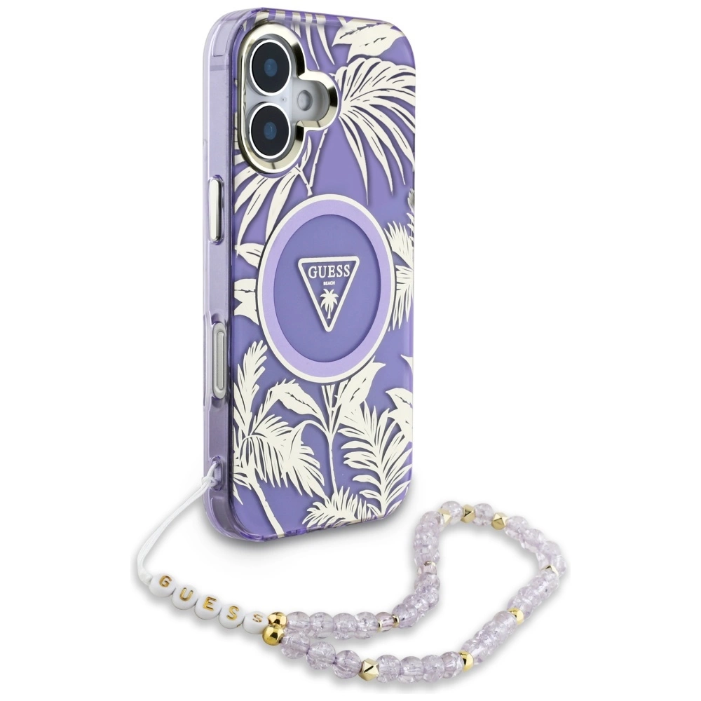 Guess Palm Trees Triangle Pearl Strap MagSafe case for iPhone 16 purpleeng