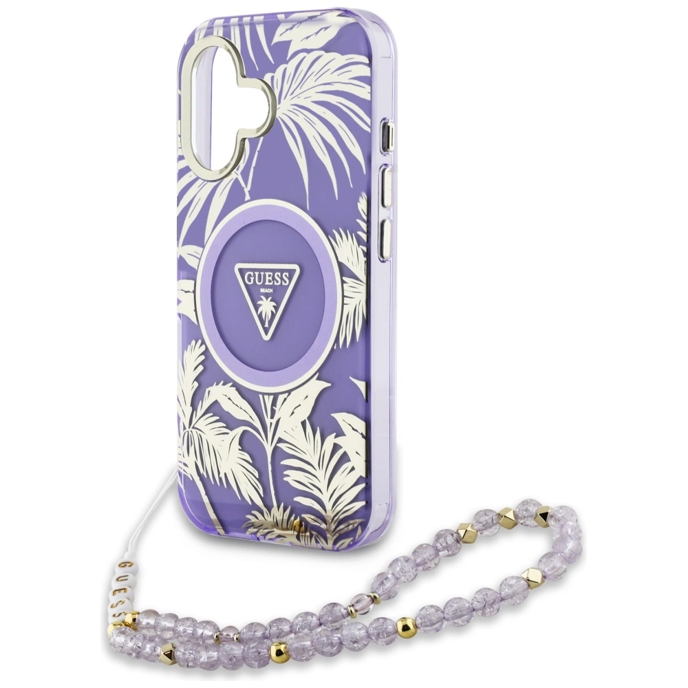 Guess Palm Trees Triangle Pearl Strap MagSafe case for iPhone 16 purpleeng