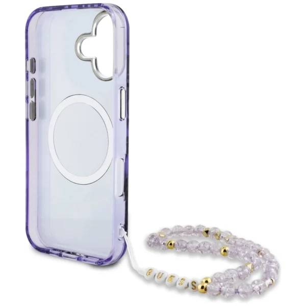 Guess Palm Trees Triangle Pearl Strap MagSafe case for iPhone 16 purpleeng