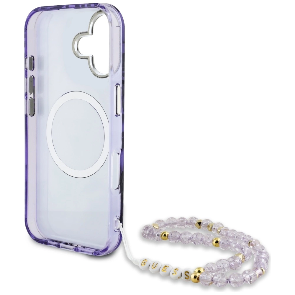 Guess Palm Trees Triangle Pearl Strap MagSafe case for iPhone 16 purpleeng