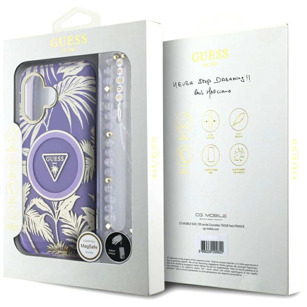 Guess Palm Trees Triangle Pearl Strap MagSafe case for iPhone 16 purpleeng