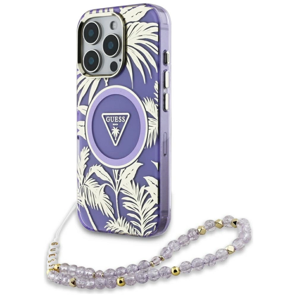 Guess Palm Trees Triangle Pearl Strap MagSafe Case for iPhone 16 Pro Purpleeng