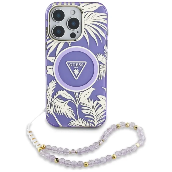 Guess Palm Trees Triangle Pearl Strap MagSafe Case for iPhone 16 Pro Purpleeng