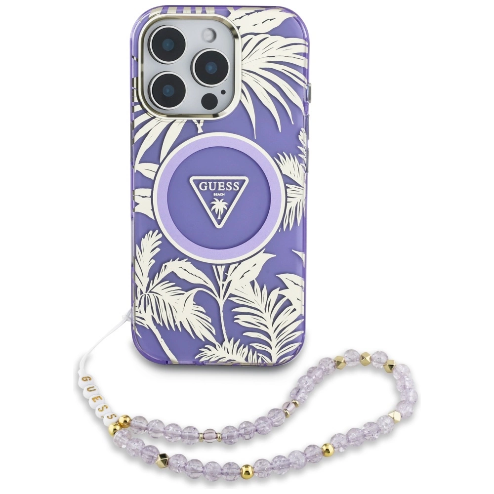 Guess Palm Trees Triangle Pearl Strap MagSafe Case for iPhone 16 Pro Purpleeng
