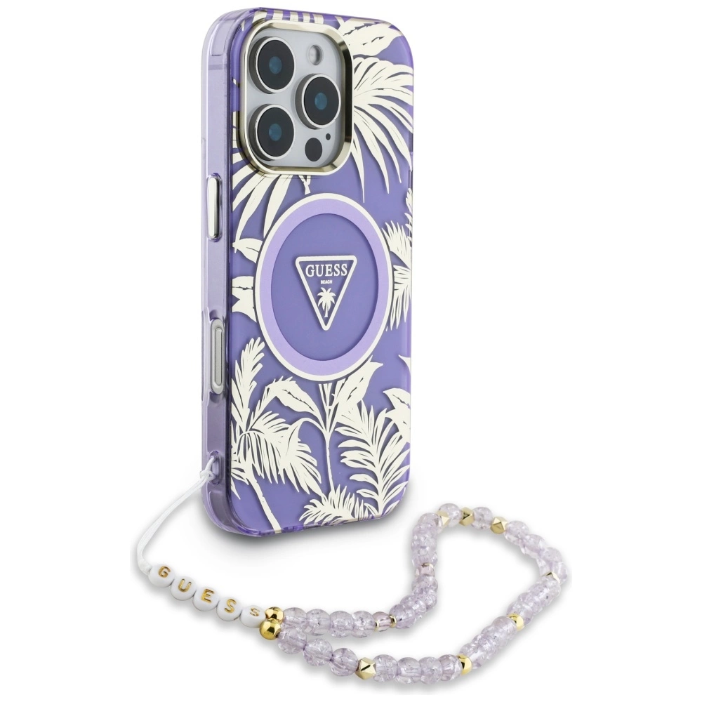 Guess Palm Trees Triangle Pearl Strap MagSafe Case for iPhone 16 Pro Purpleeng