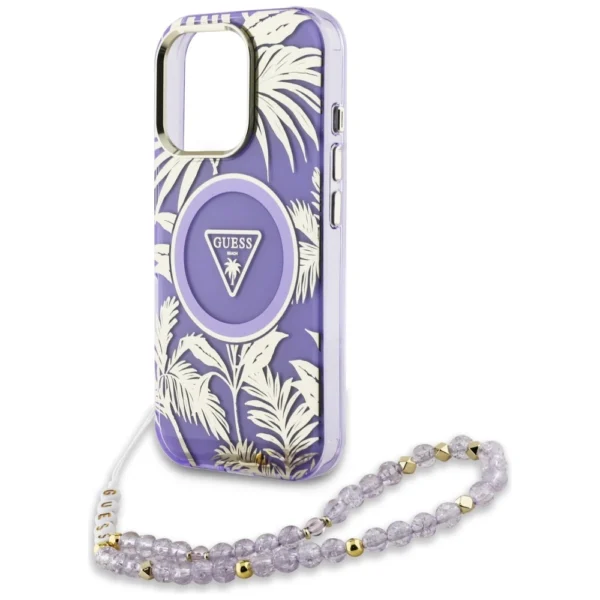 Guess Palm Trees Triangle Pearl Strap MagSafe Case for iPhone 16 Pro Purpleeng