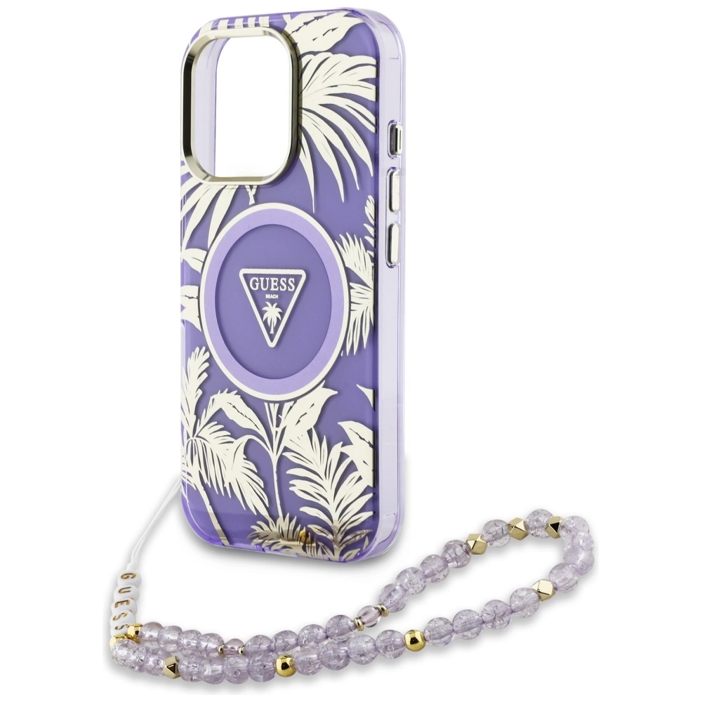 Guess Palm Trees Triangle Pearl Strap MagSafe Case for iPhone 16 Pro Purpleeng
