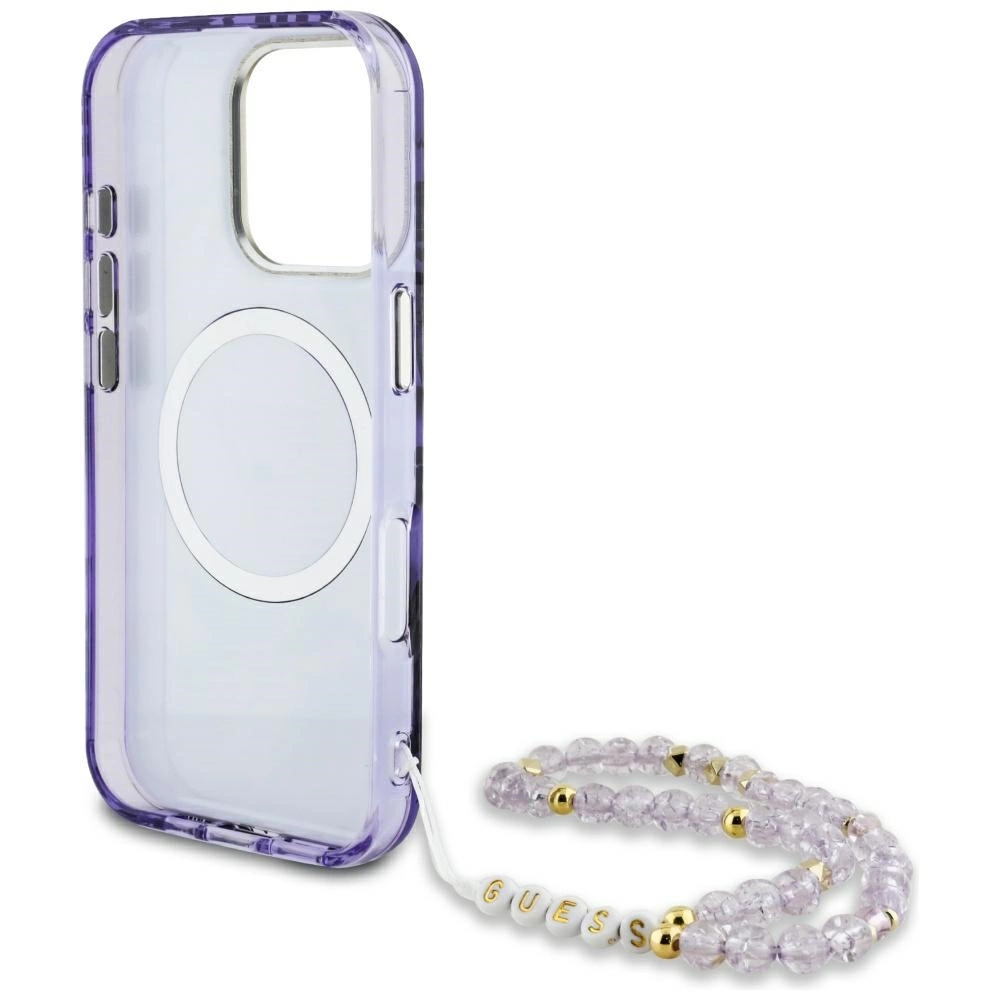 Guess Palm Trees Triangle Pearl Strap MagSafe Case for iPhone 16 Pro Purpleeng