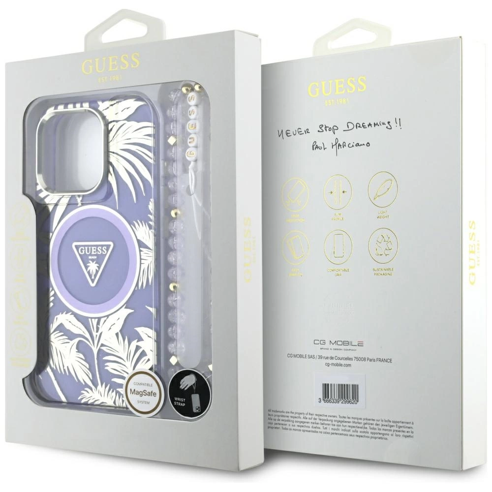 Guess Palm Trees Triangle Pearl Strap MagSafe Case for iPhone 16 Pro Purpleeng