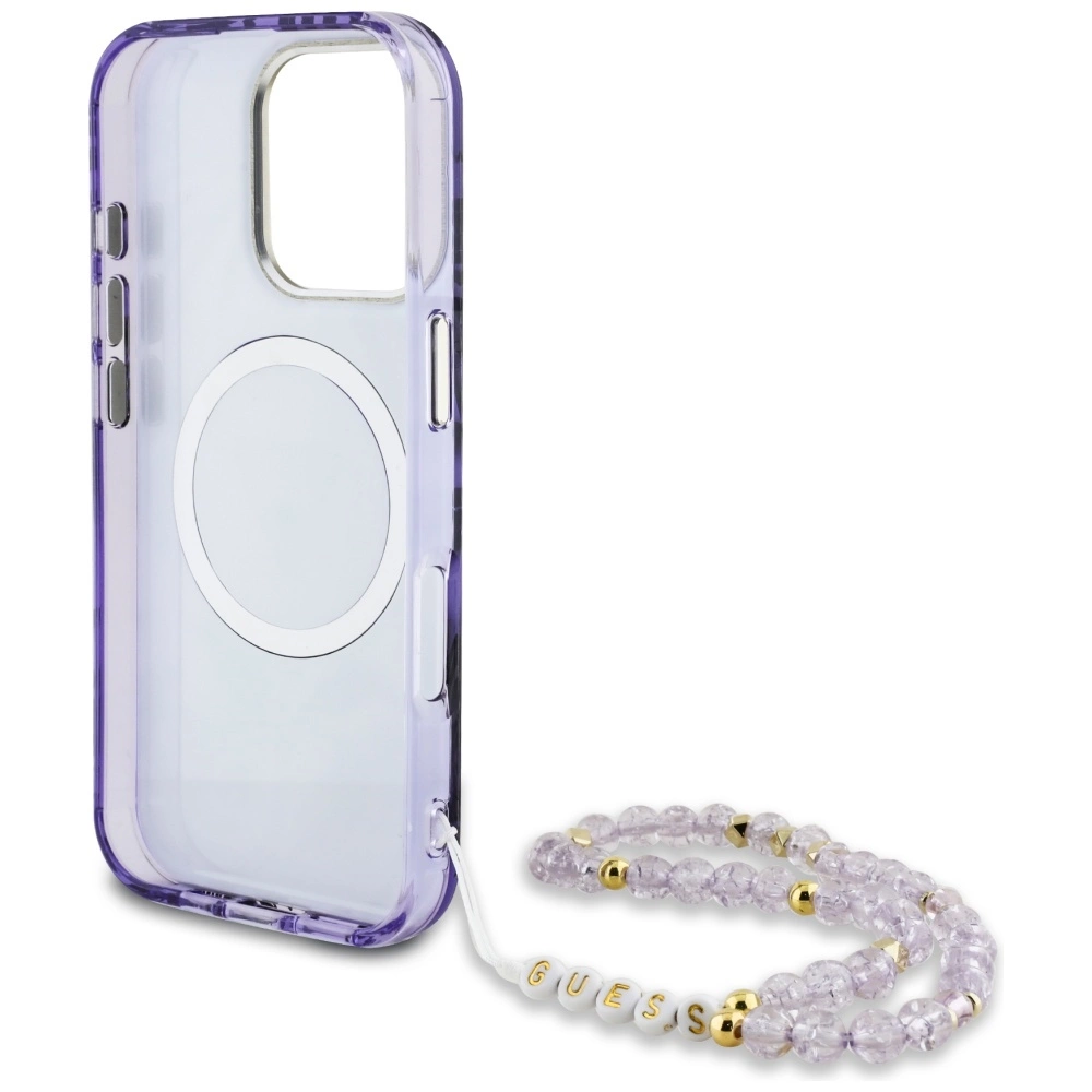 Guess Palm Trees Triangle Pearl Strap MagSafe Case for iPhone 16 Pro Max Purpleeng