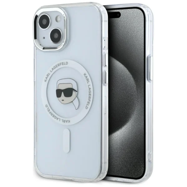 Karl Lagerfeld IML Metal Karl Head MagSafe Case for iPhone 15 Whiteeng