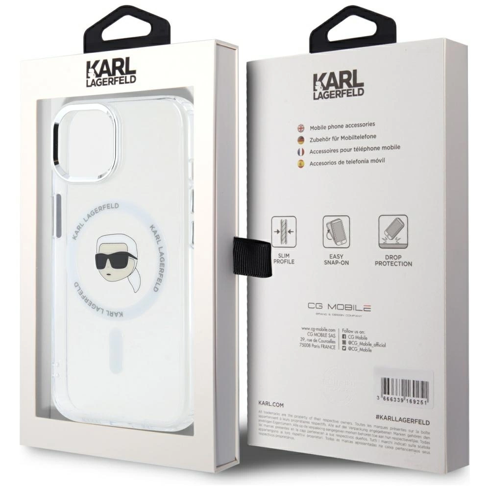 Karl Lagerfeld IML Metal Karl Head MagSafe Case for iPhone 15 Whiteeng