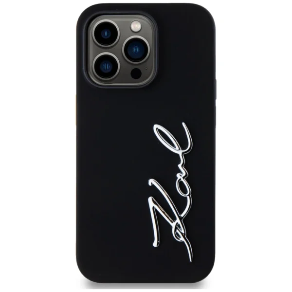Karl Lagerfeld Silicone Metal Script Logo Case for iPhone 14 Pro Blackeng