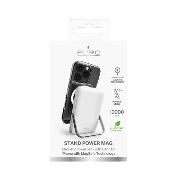 Puro 10000mAh MagSafe Wireless Power Bank with Aluminum Stand - Whiteeng