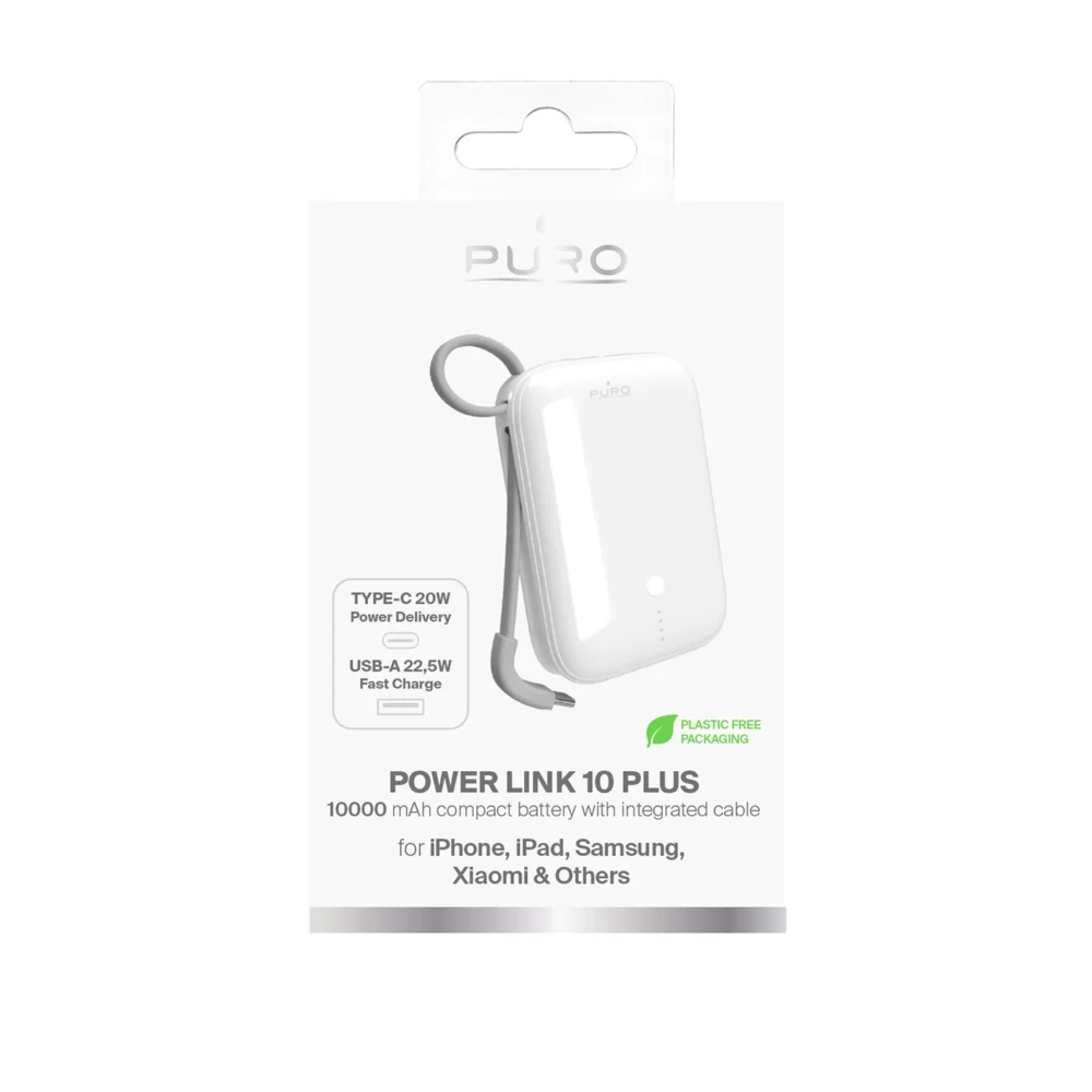 Puro Power Link 10 Plus 10000mAh Power Bank with Built-in USB-C Cable – Whiteeng