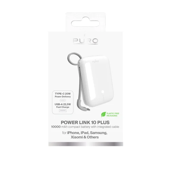Puro Power Link 10 Plus 10000mAh Power Bank with Built-in USB-C Cable – Whiteeng